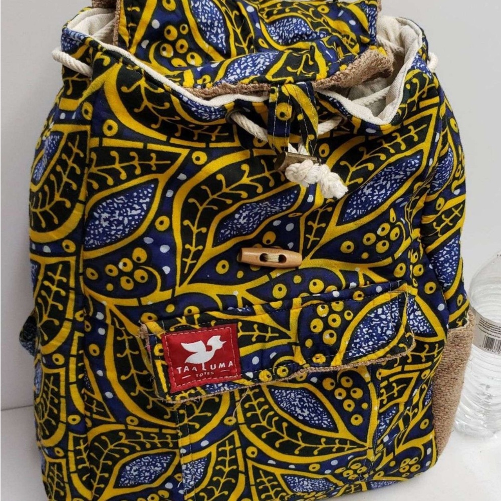 Taaluma Ivory Coast Tote Backpack Blue Yellow Burlap
